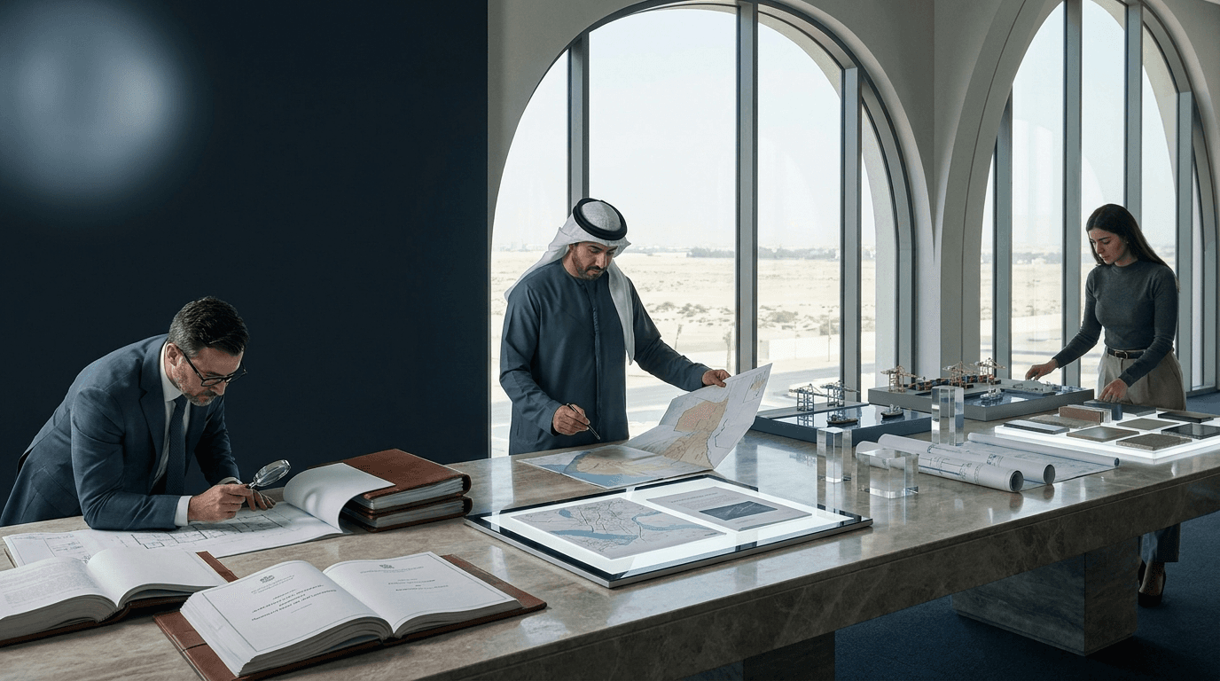 UAE professionals reviewing source documents and service plans around an institutional worktable