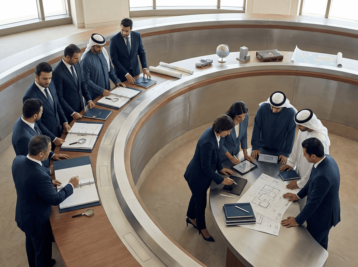 Authority, advisory, and commercial teams working in connected groups around a UAE business forum